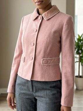 Vintage Ann Taylor LOFT Petite Pink Wool Blazer Jacket Y2K Velvet Trim Mod Sz 6P
